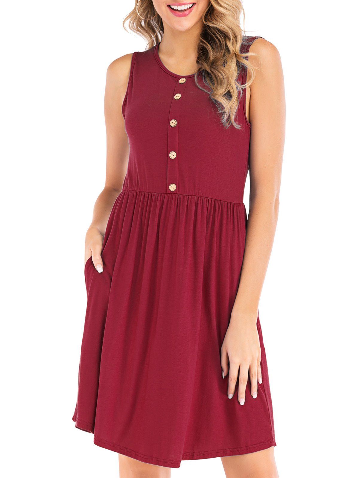 

Button Embellished Pocket Sleeveless Dress, Red wine