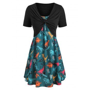 

Plus Size Dinosaur Print Ruffled Dress With Twist Top, Dark green