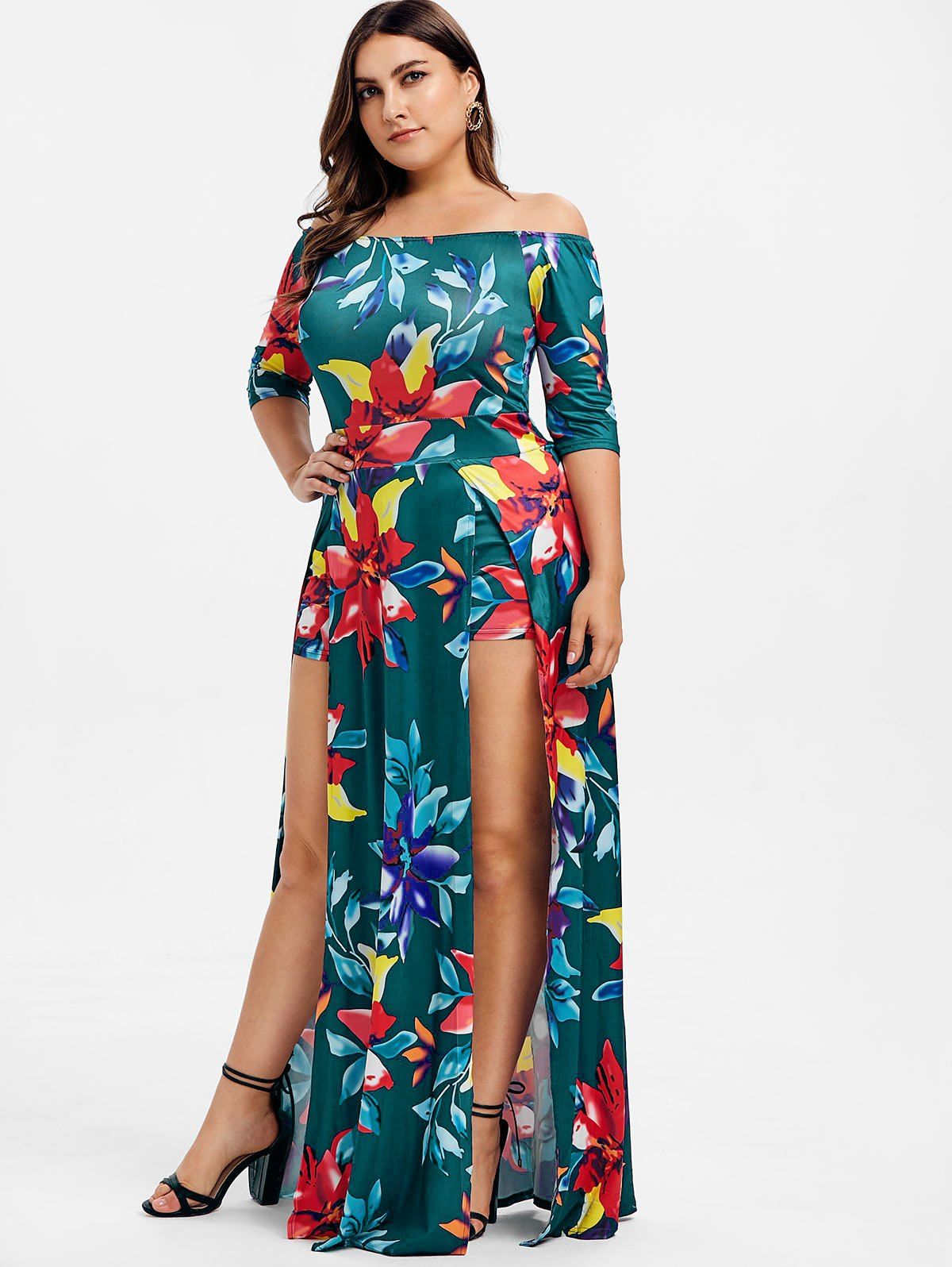 Photo Gallery Plus Size Off The Shoulder Floral Print Maxi Romper Dress 4315