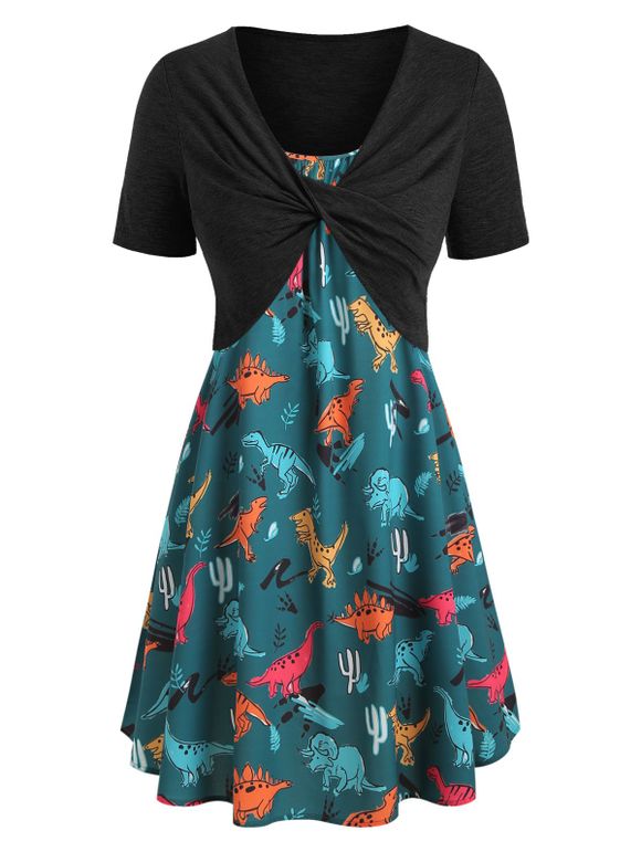Robe à Imprimé Dinosaure de Grande Taille avec Haut Tordu Deux Pièces - Vert Foncé 5X