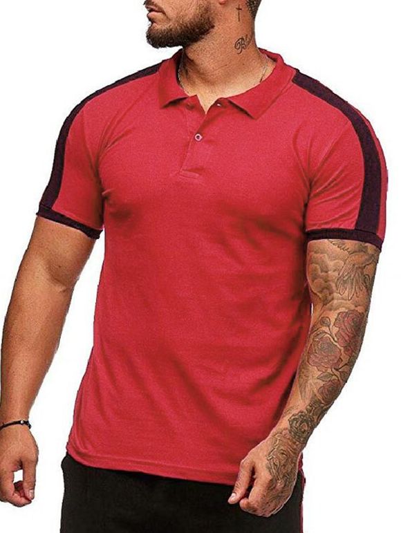 T-shirt Epaule Contrastée à Col Chemise - Rouge S