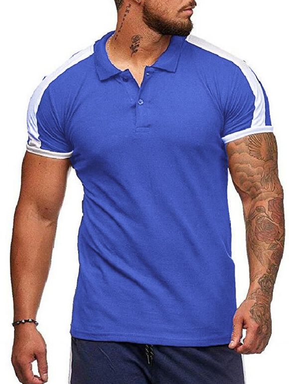 T-shirt Epaule Contrastée à Col Chemise - Bleu L
