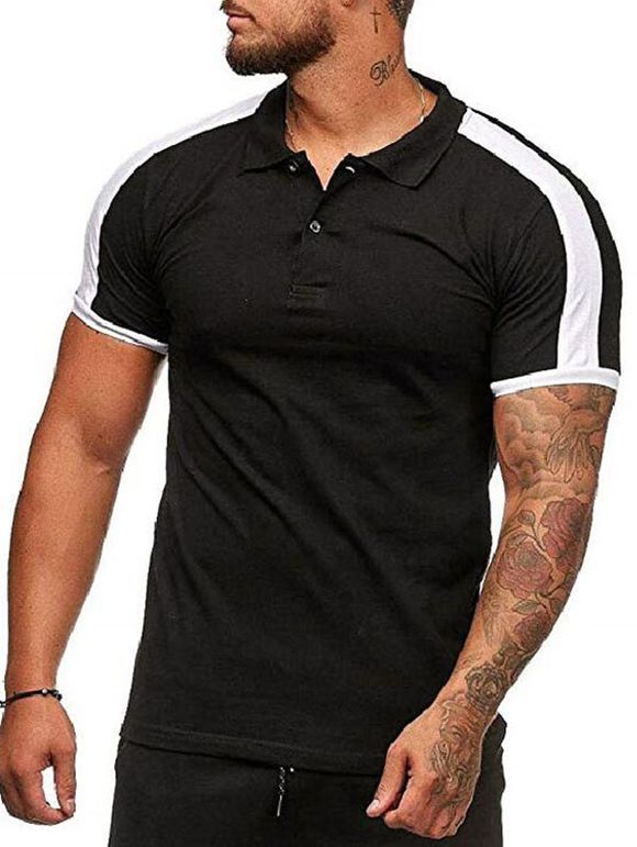 T-shirt Epaule Contrastée à Col Chemise - Noir L