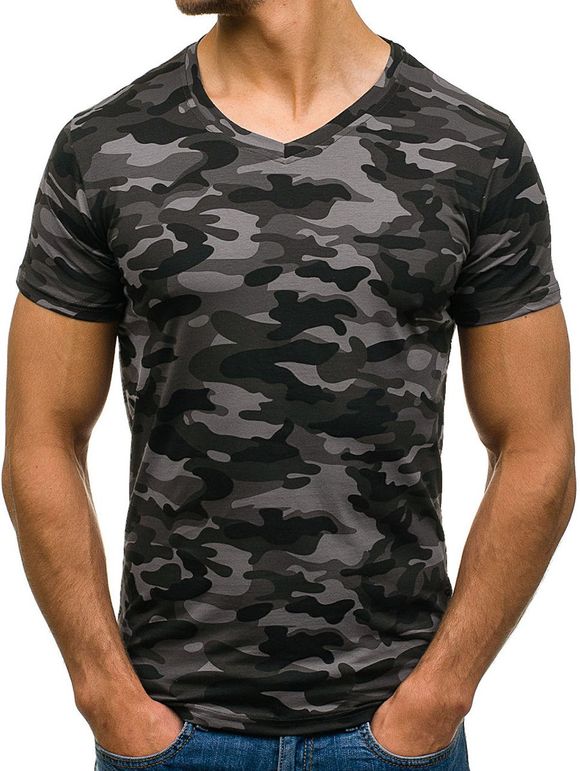 T-shirt Décontracté Camouflage Imprimé à Col V - Gris 2XL