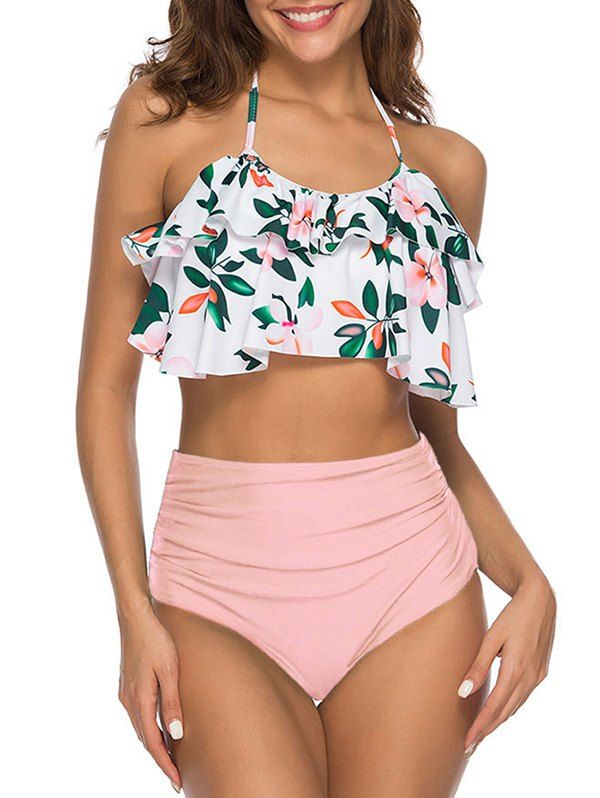Halter Flower Print Flounce Bikini Swimwear - PINK 3XL
