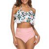 Maillot de Bain Bikini Fleur Imprimée à Col Halter à Volants - Rose 3XL