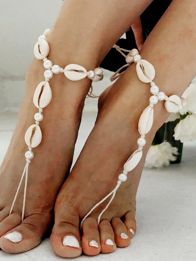 

Ethnic Cowrie Shell Faux Pearls Finger Anklets, White