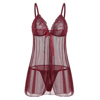 Bowknot Lace Panel Mesh Babydoll