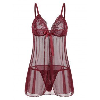 

Bowknot Lace Panel Mesh Babydoll, Red wine