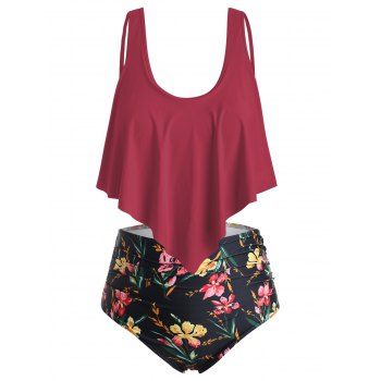 

Flounce Floral Plus Size High Waisted Bikini Set, Red wine