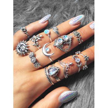 

14 Piece Ethnic Moon Star Ring Set, Silver