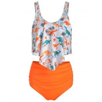 

Tummy Control Tankini Swimsuit Cartoon Dinosaur Print Swimwear Flounce Full Coverage Ruched Summer Beach Bathing Suit, Basket ball orange