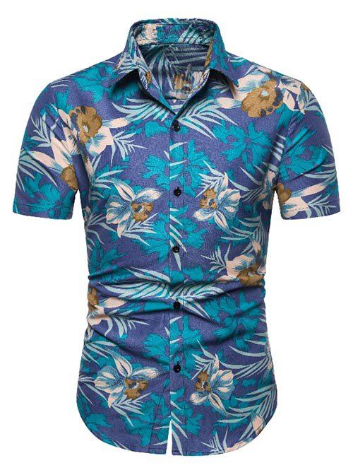 Chemise Hawaïenne Fleur et Feuille Imprimées - Bleu Ciel L