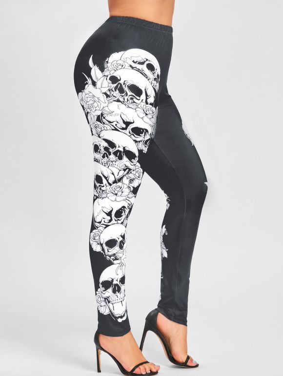 Leggings Noir et Blanc Imprimé Crâne Grande Taille - Gris Foncé 4XL