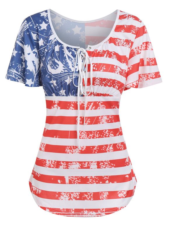 T-shirt Drapeau Américain Imprimé à Lacets - multicolor C 2XL