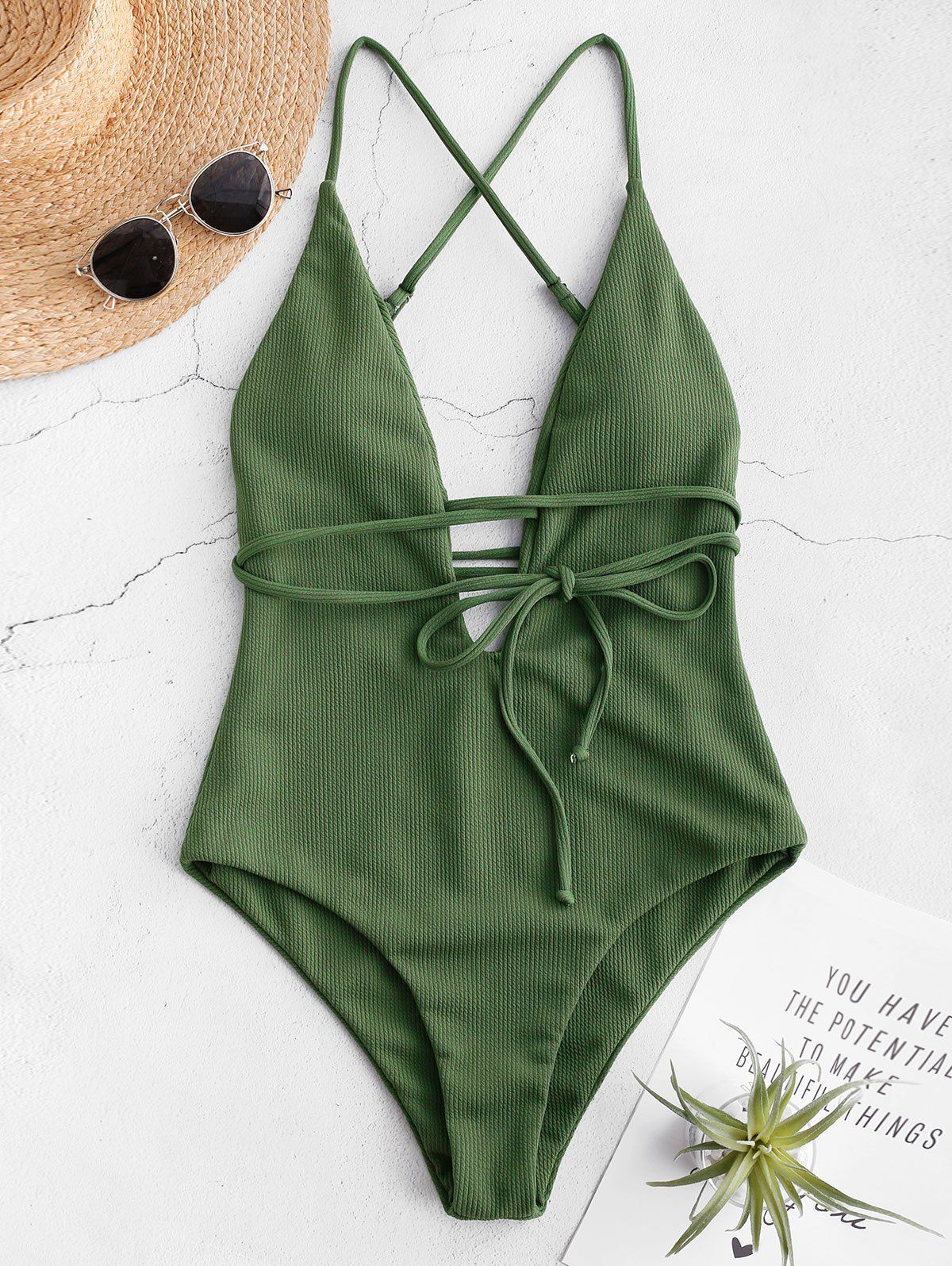 Ribbed Backless Cami Swimsuit - MEDIUM FOREST GREEN XL