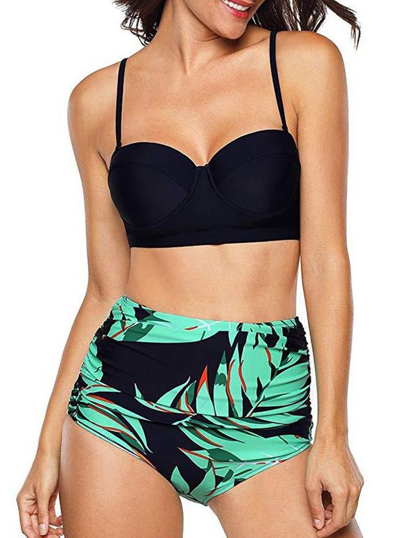 Ensemble de bikini à armatures froncé imprimé feuilles - Noir 2XL