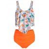 Tummy Control Tankini Swimsuit Cartoon Dinosaur Print Swimwear Flounce Full Coverage Ruched Summer Beach Bathing Suit - PINK M