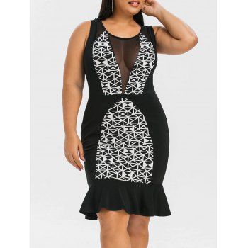 

Geometric Print Plus Size Mermaid Dress, Black