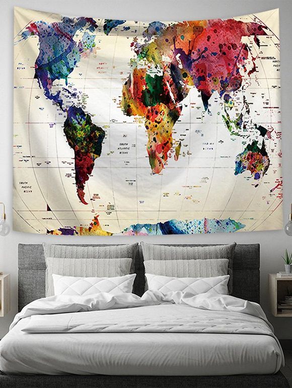 Tapisserie Murale Créative Carte du Monde Imprimée - Blanc W51 X L59 INCH