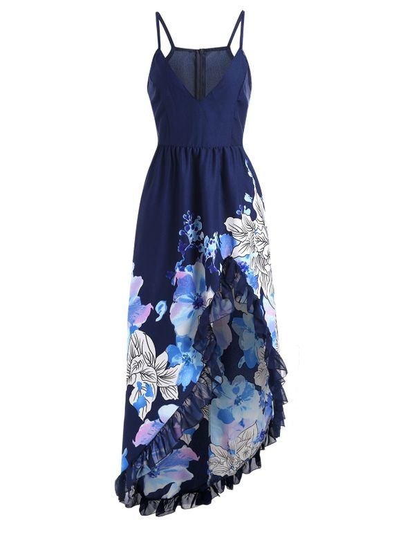 Robe Asymétrique Fleurie à Volants - Bleu profond XL