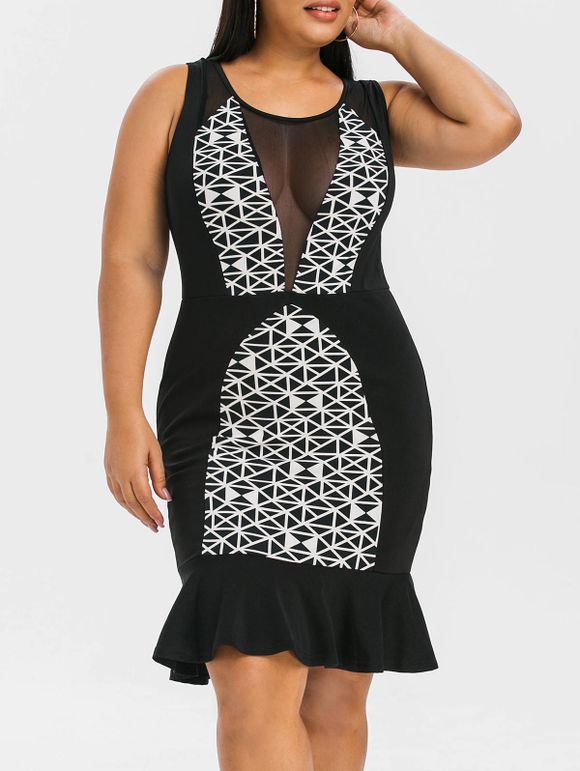 Robe Sirène Imprimée Géométrique Grande Taille - Noir 1X