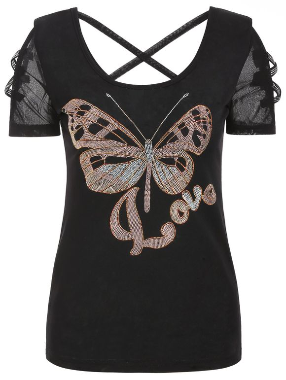 T-shirt Papillon Croisé en Maille avec Strass - Noir 3XL