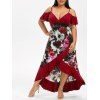 Robe Epaule Dénudée en Blocs de Couleurs de Grande Taille à Volants - Rouge Vineux 3X