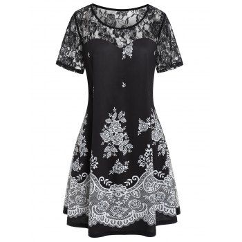 

Plus Size Lace Panel Floral T-shirt, Black