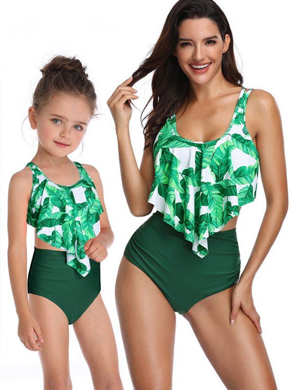 Leaves Print Overlay Family Swimsuit - DEEP GREEN MOM M