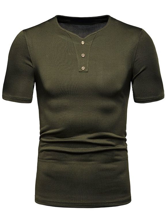 T-shirt Décoré de Bouton en Couleur Unie - Vert Armée 2XL