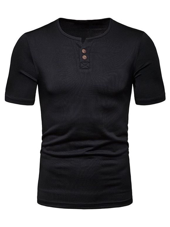 T-shirt Henley en Couleur Unie - Noir 2XL