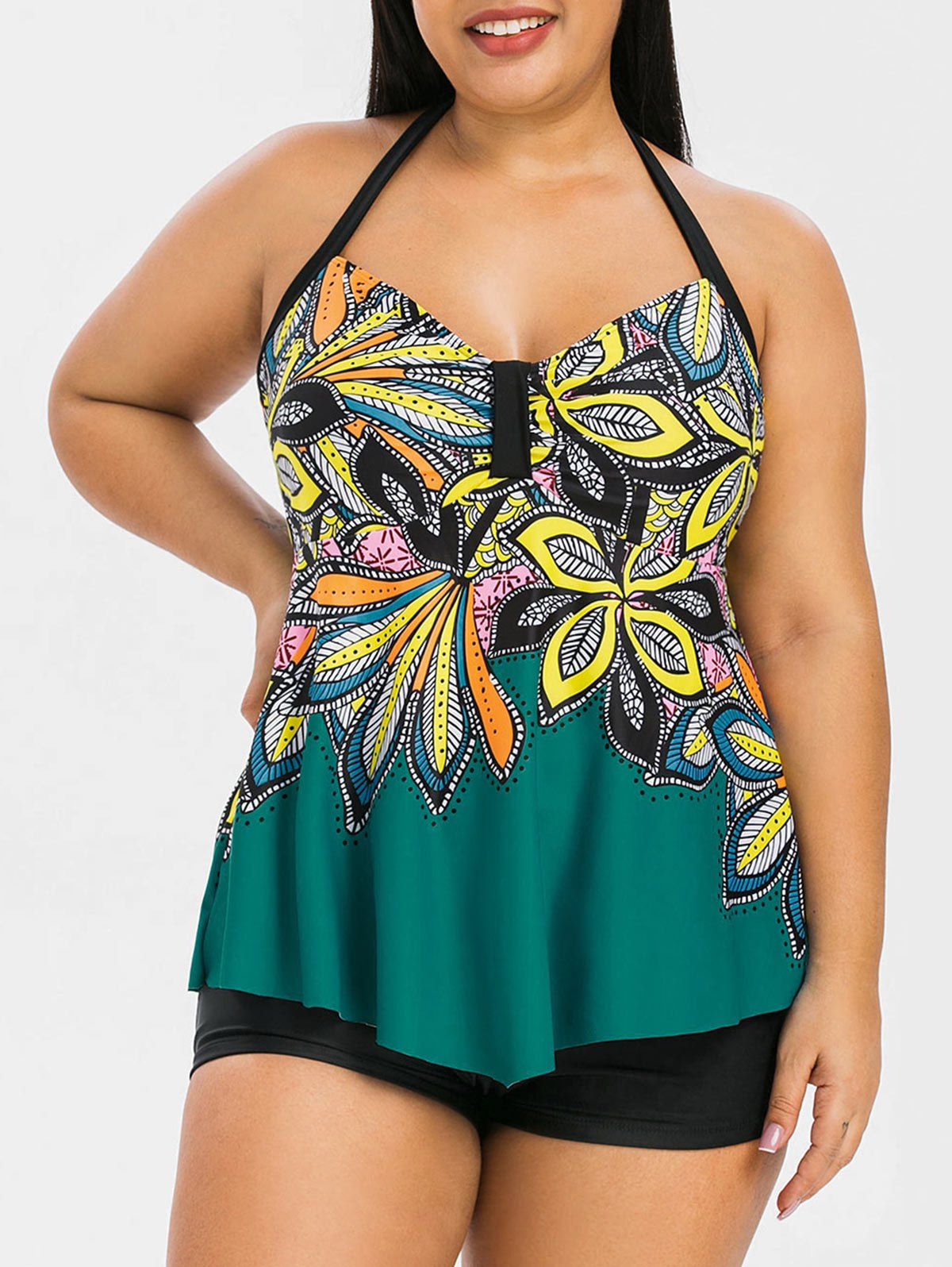 [24% OFF] 2021 Plus Size Halter Printed Skirted Tankini Set In ...