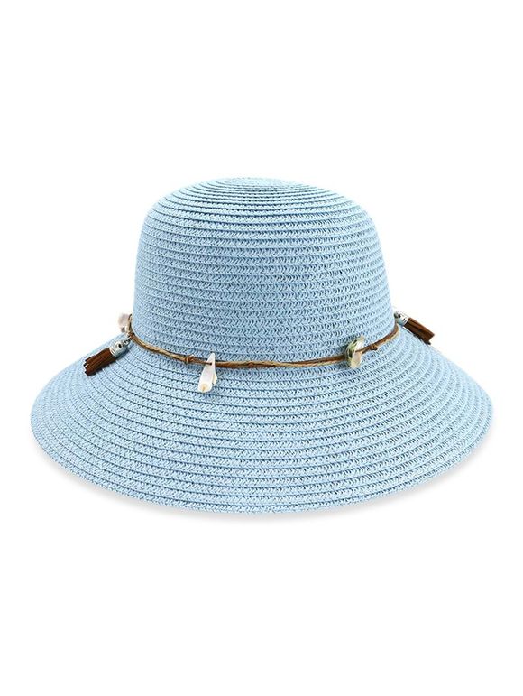 Chapeau de Pêcheur Décoré de Coquille à Frange en Paille - Bleu de Ciel 