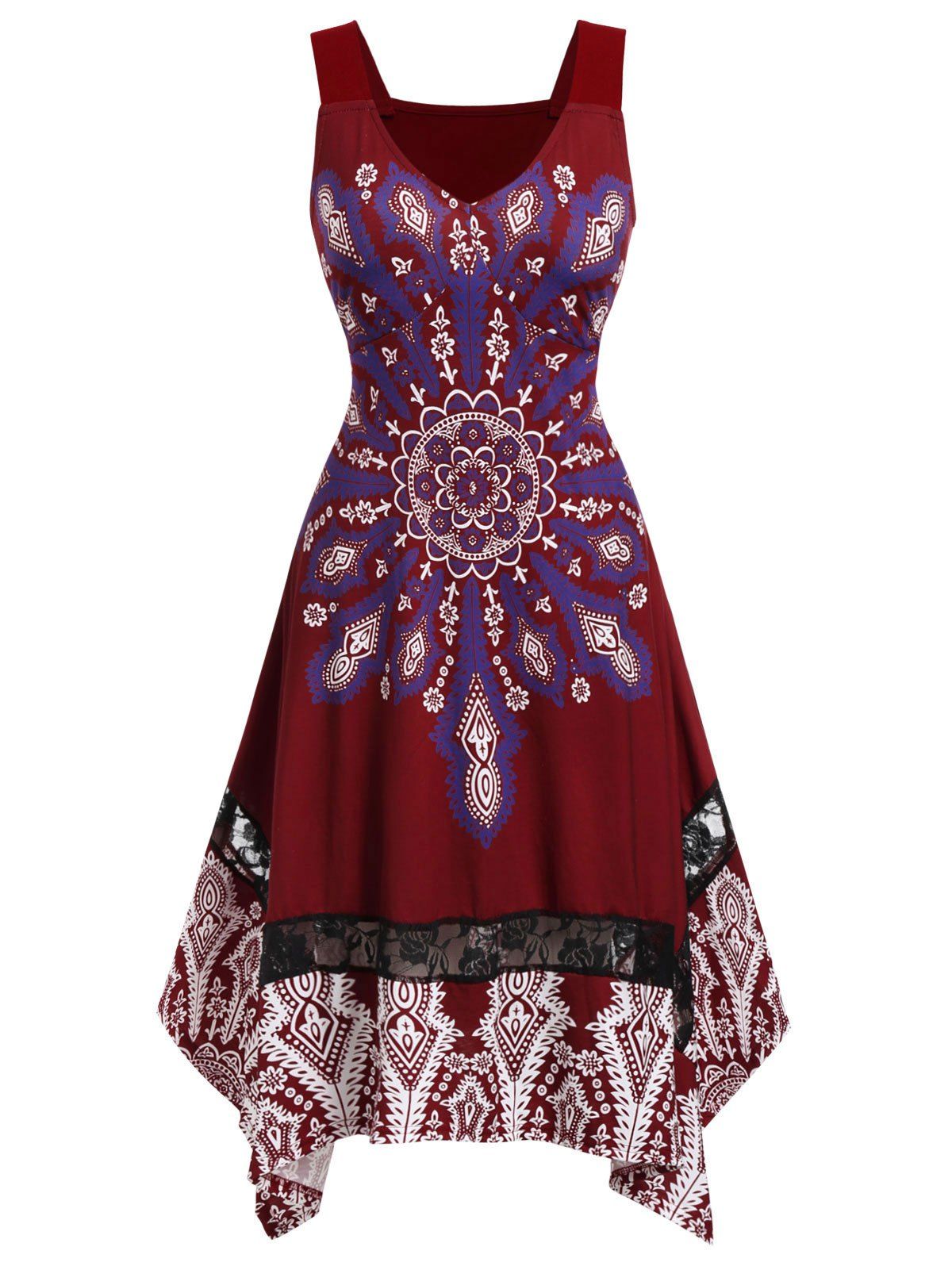 

Plus Size Knee Length Printed Dress, Red wine