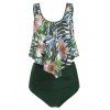 Floral Leaf Ruched Flounce Tankini Set - DARK FOREST GREEN S