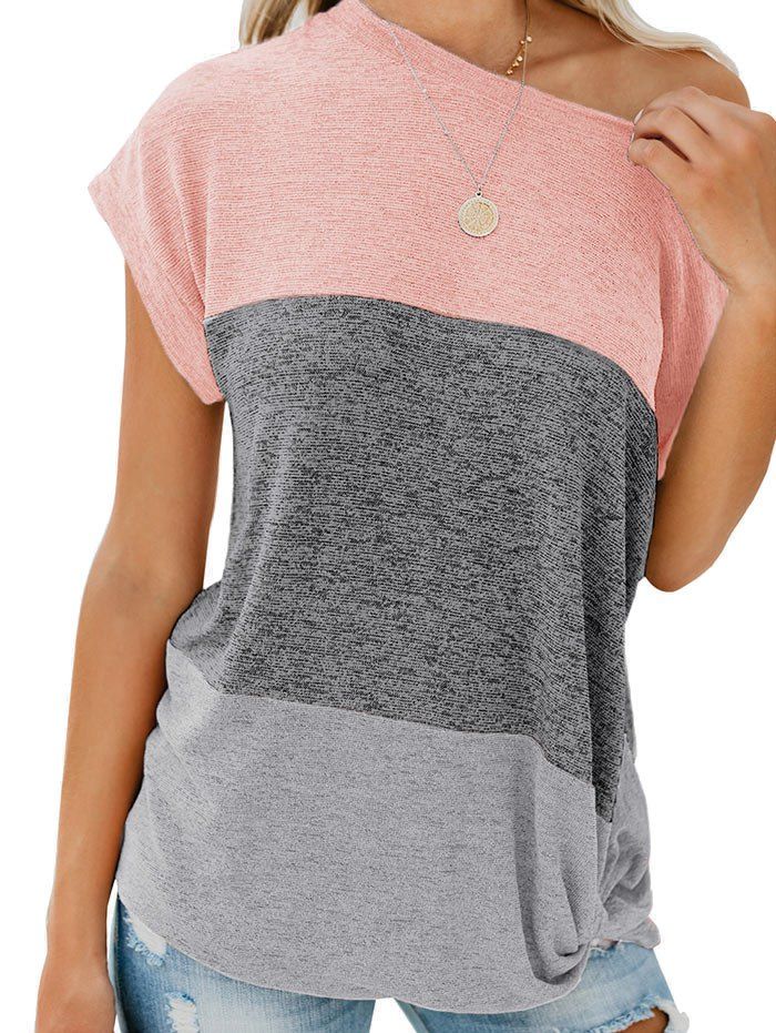Color Block Batwing Sleeve Knitted T-shirt - ROSE L