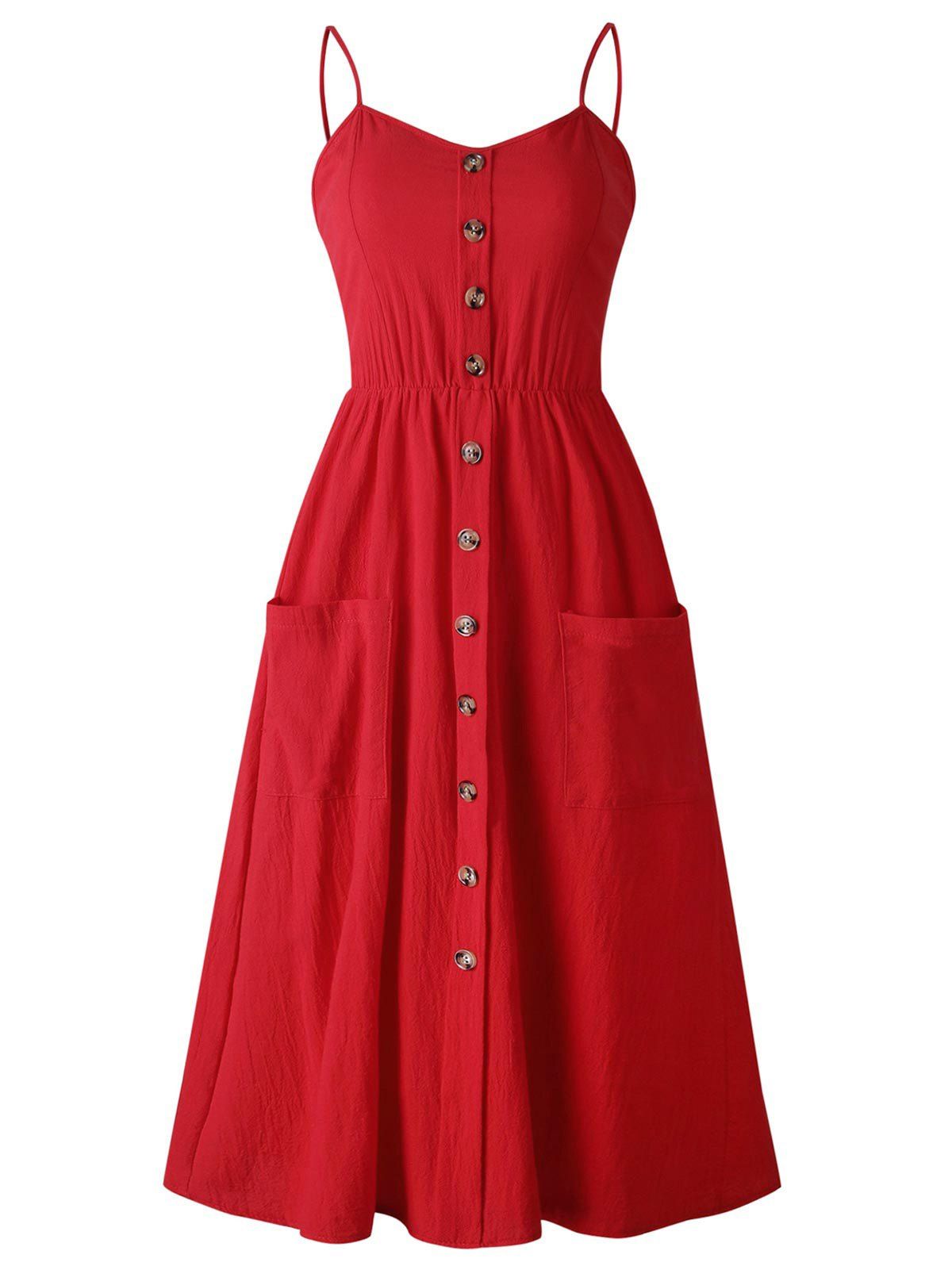 Buttoned Cami Smocked Back Pocket Dress - RED M