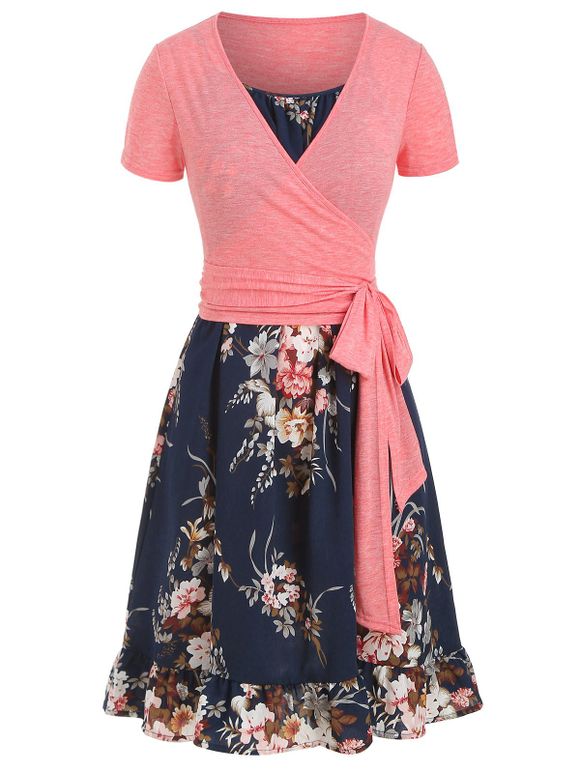 Floral Cami Flounce Dress with Wrap T-shirt - CADETBLUE S