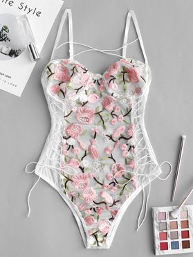 Floral Embroidered Lace Up Cami Teddy