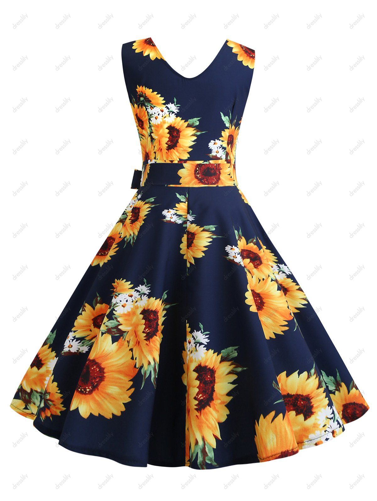 Allover Sunflower Print Lace Trim Belted Dress