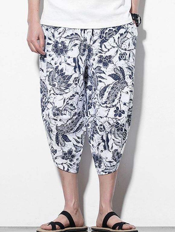 Pantalon Sarouel Décontracté avec Imprimée Fleur - Blanc 4XL