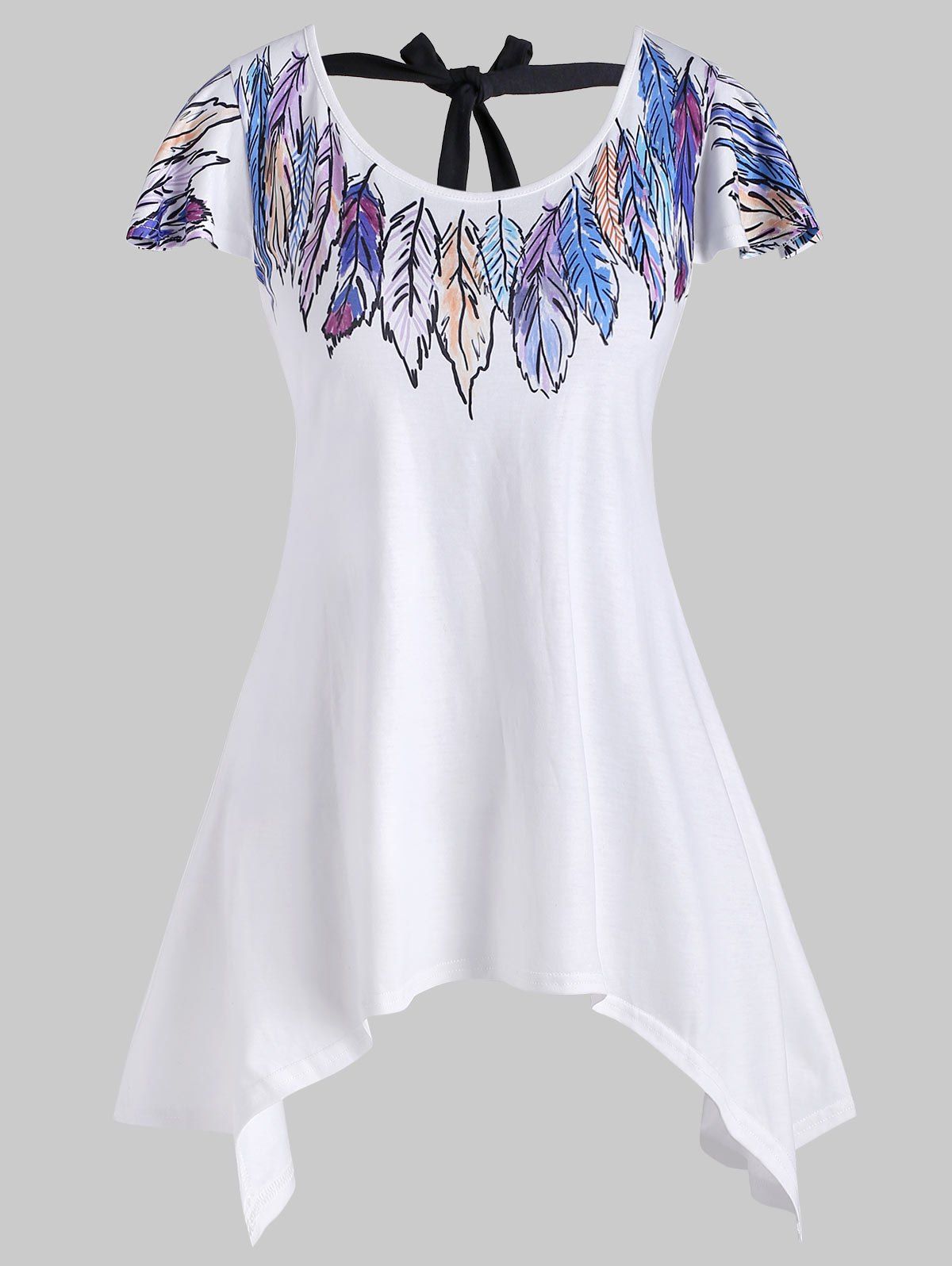 Feather Printed Asymmetrical T-shirt - WHITE S