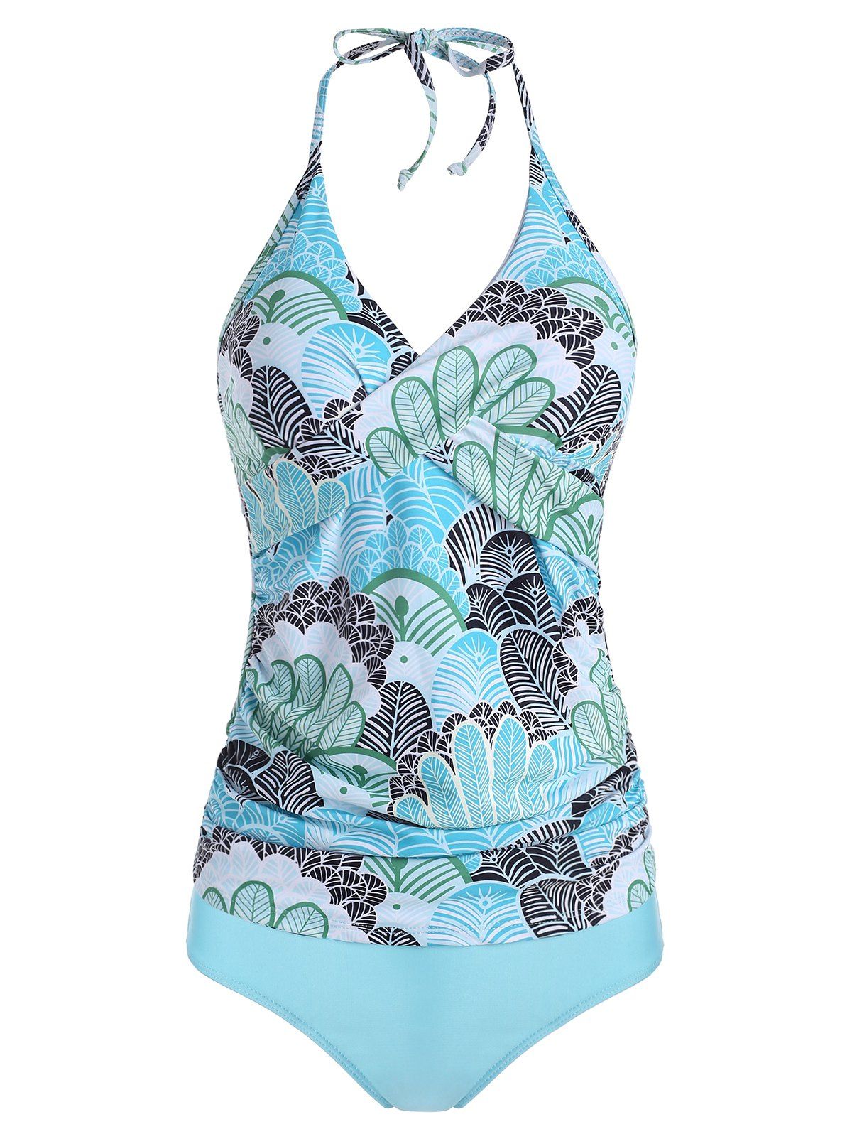 [64% OFF] 2021 Leaves Print Twisted Halter Tankini Set In TURQUOISE ...