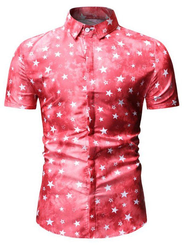 Star Print Short Sleeve Shirt - RED 2XL