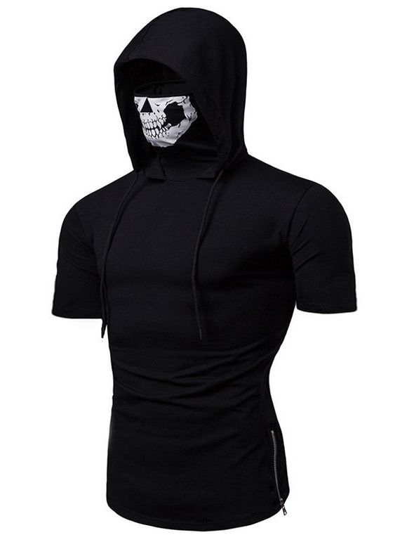 T-shirt à Capuche Masque de Crâne à Manches Courtes - Noir 2XL
