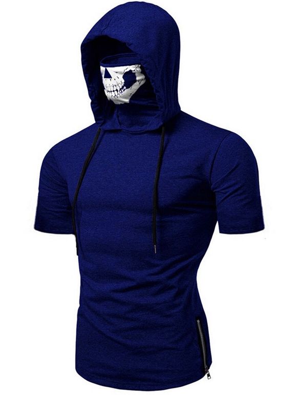 T-shirt à Capuche Masque de Crâne à Manches Courtes - Bleu 3XL