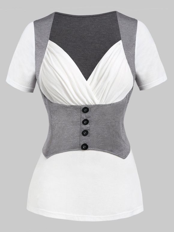 T-shirt Bicolore de Grande Taille Fausse Deux Pièces - Blanc 4X