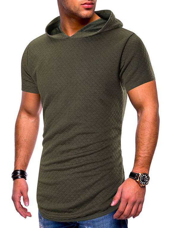 T-shirt à Capuche à Carreaux Imprimé à Ourlet Incurvé - Vert Armée L