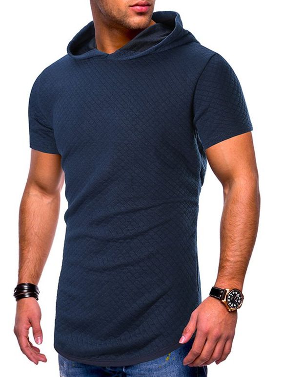 T-shirt à Capuche à Carreaux Imprimé à Ourlet Incurvé - Cadetblue XL